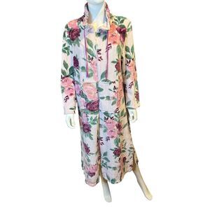 Stan Herman Robe Medium Chenille Zip Lounge Dress Plush Sleepwear Floral Garden